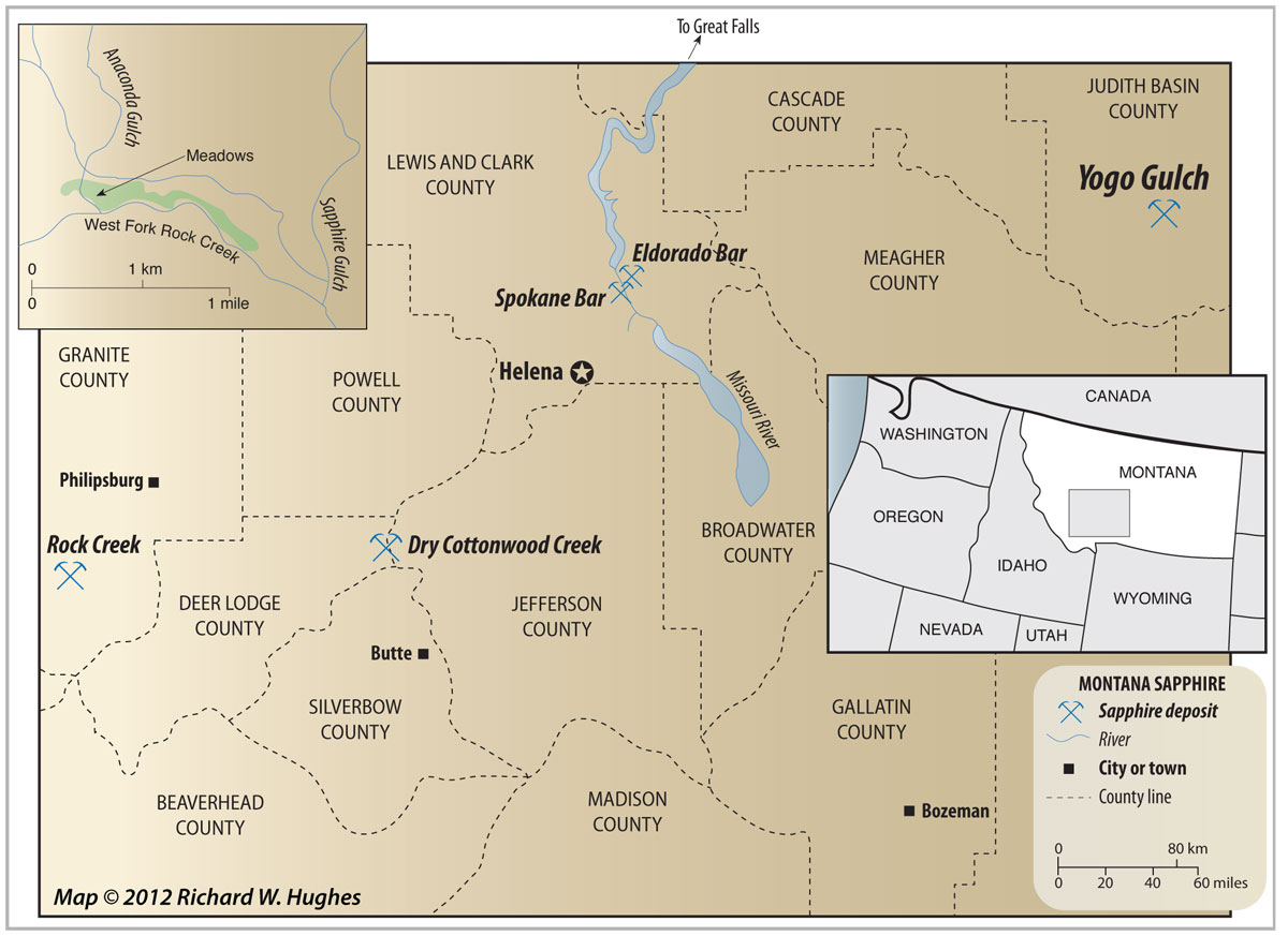Map of central Montana showing the location of the Yogo mine. Click on the map for a larger image. Map © Richard W. Hughes