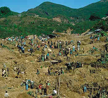 Figure 29. Although hillside deposits were largely ignored during the British period, today they represent virgin ground. Here, at Inn Gaung (`Big Hole Mine'), in the Mogok area of Burma, miners tunnel like ants, occupying an entire hillside in their quest for the red stone. This drama has been played out throughout human history, a continuum of our species' pursuit of dreams, ego, wealth and power. Some make it big; too many others are left with only the dream. (Photo: Thomas Frieden)
