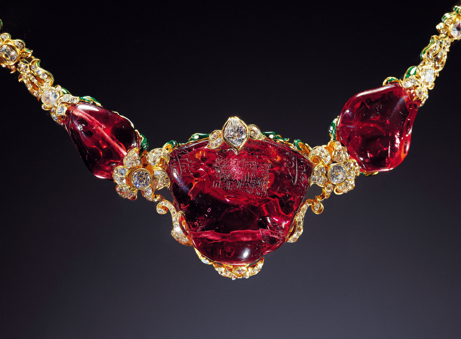 The Timur Ruby. Currently in the private collection of the British Queen, the idea that it was once in the possession of Timur has now been debunked (Stronge, 1996).