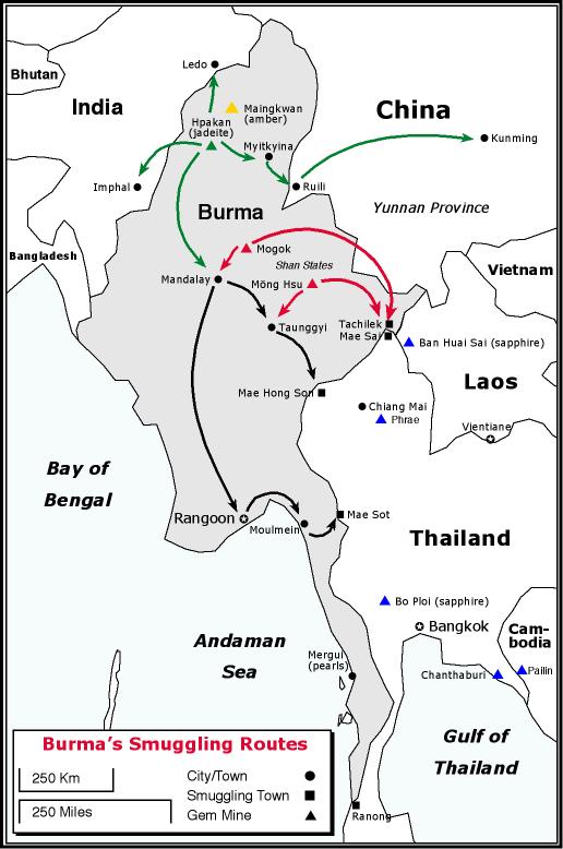 map of Burma showing gem smuggling routes