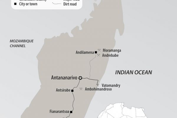 Map of Madagascar, showing the major ruby & sapphire mines