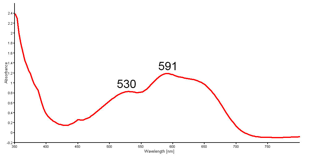 Figure 15. Non-polarized UV-Vis-NIR spectra of a new generation Tanusorn-treated sapphire showing cobalt-related absorption bands peaked at 530 and 591 nm. An additional peak at 625 nm is sometimes seen. (Spectrum: GIT)
