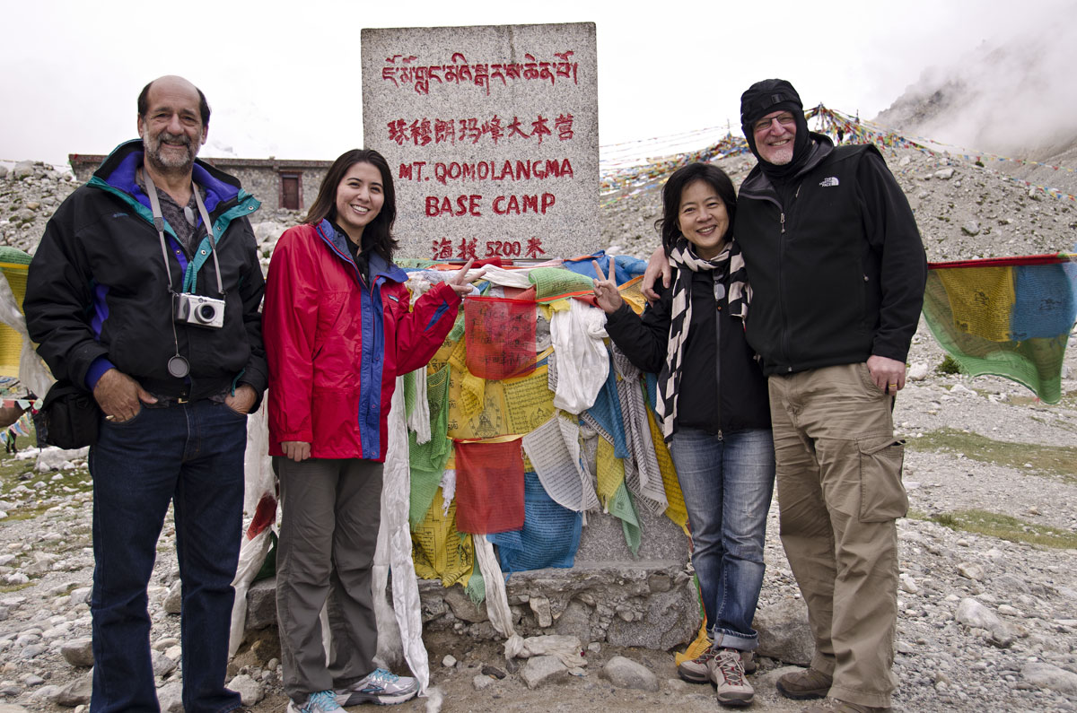 Goal! Dana Schorr, Billie Hughes, Wimon Manorotkul and Richard Hughes at the north base camp of Mt. Everest (Mt. Qomolangma). At 5200 m (17,060 ft), it is cold even at the height of summer.