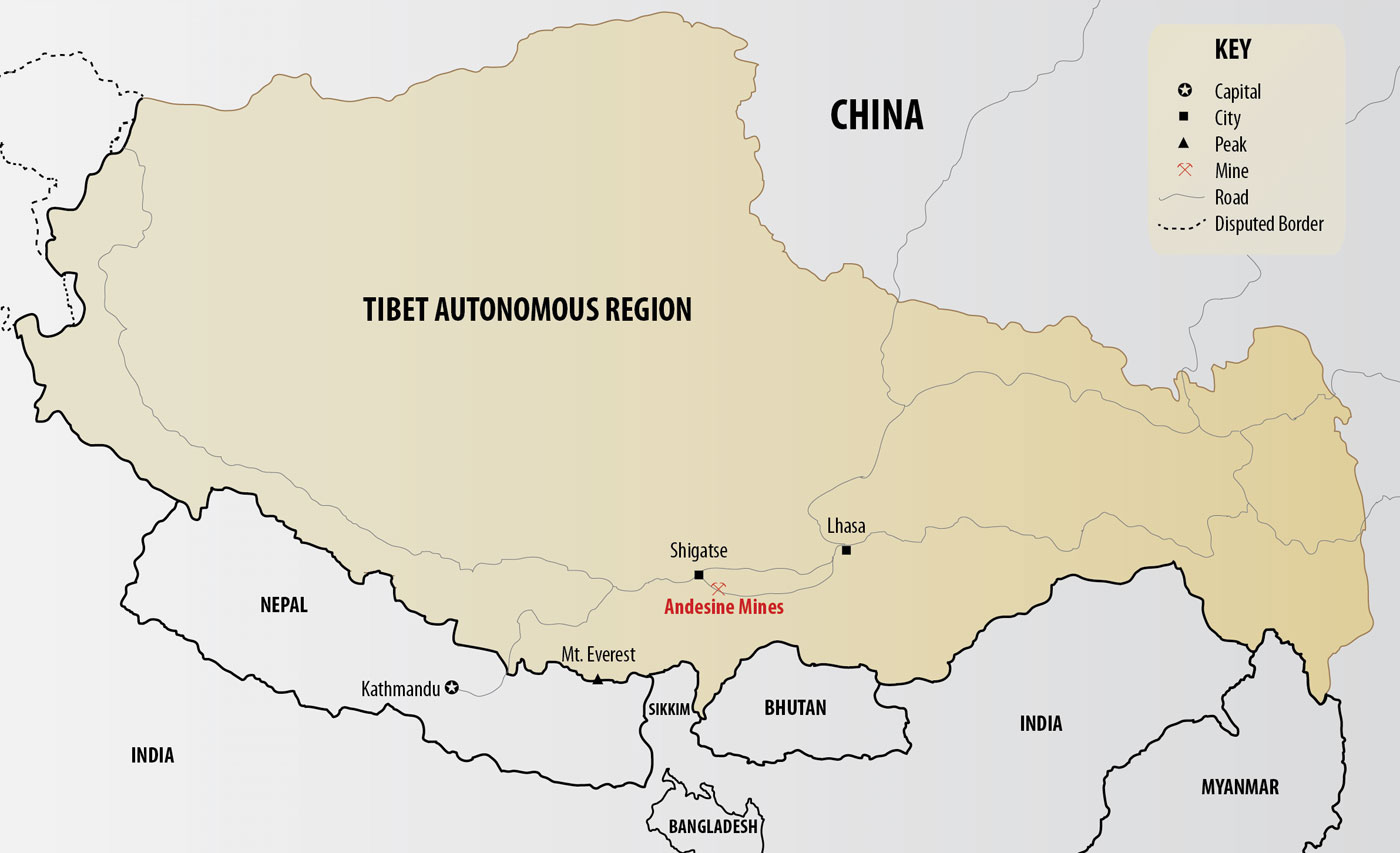 Map of Tibet, showing the location of the andesine mines. Map: Richard W. Hughes