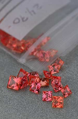 Bulk-diffusion treated orange sapphires of the type described above, purchased in Bangkok by Pala International in Dec., 2001