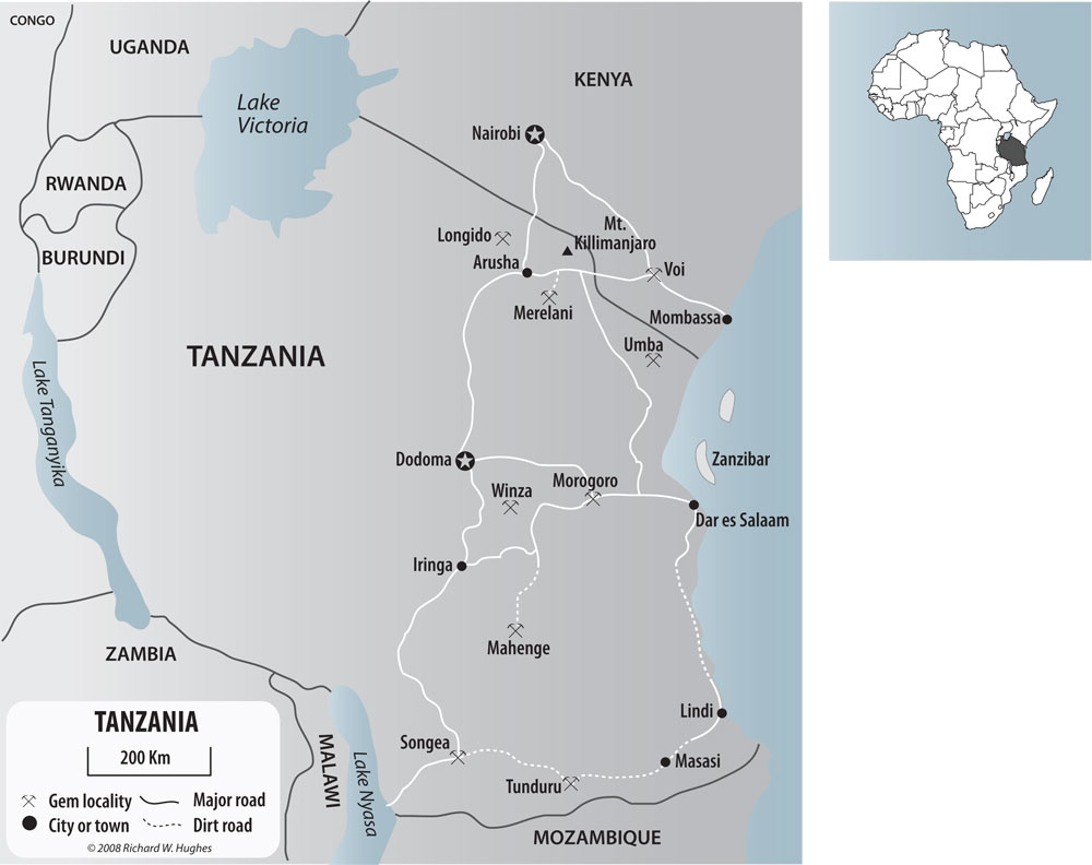 Map of Tanzania with major mines shown