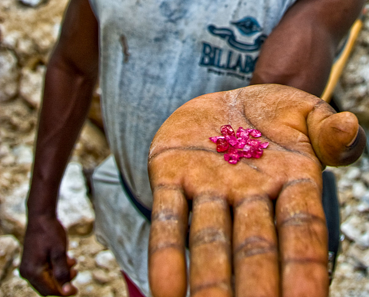 The fruit of excruciating labor, a handful of fine red spinels from Ipanko, near Mahenge. Photo: Richard Hughes, Lotus Gemology.