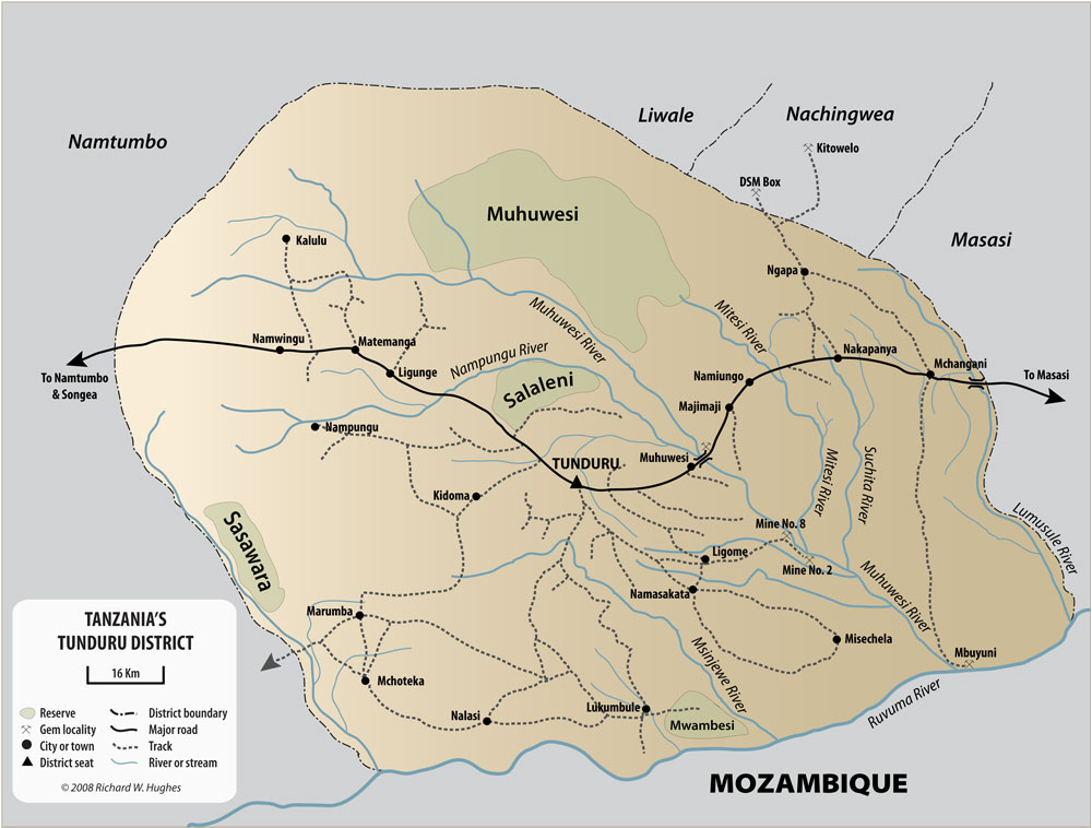 Map of the Tunduru region, showing the major mining districts. Lotus Gemology.