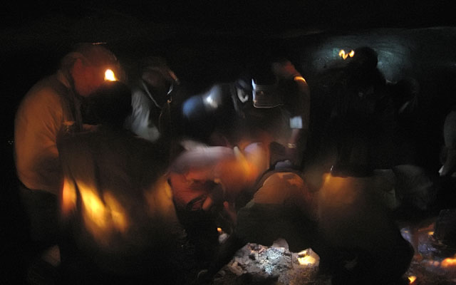 Near Ruangwa, the author (VP) with a group of tsavorite miners 200 meters underground. Photo: Mike Rogers, 2007.
